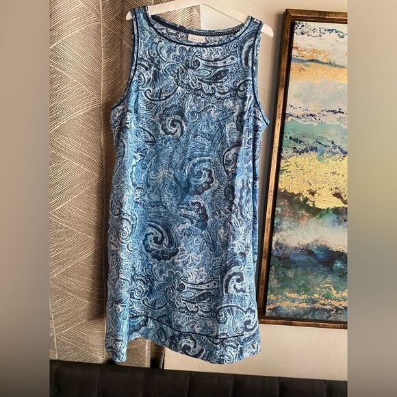 J. Jill Love Linen Dress Women Sz Large Petite Indigo Blue Paisley Waves A-line - Picture 3 of 11